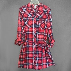 Navy and Red Plaid Flannel Shirt Dress with Belt